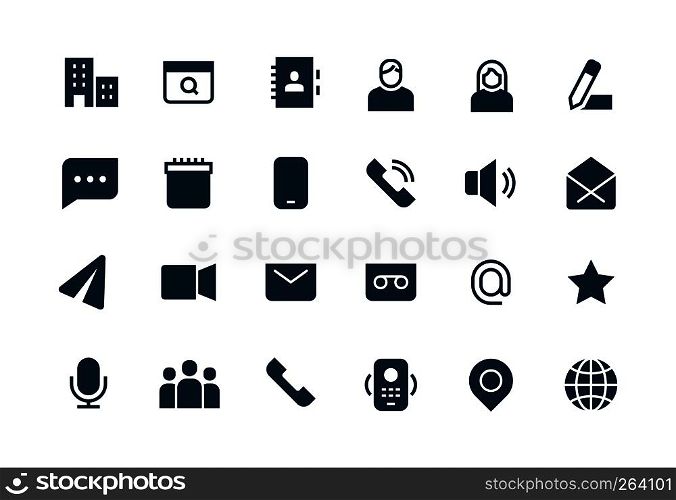 Contact black icons. Telephone mail internet website, home address, business personal information. Contacts vector pictograms. Contact black icons. Telephone mail internet website, home address, business personal information. Contacts pictograms