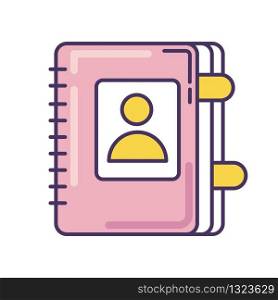 Contact book pink RGB color icon. Personal diary. Business organizer with bookmarks. Planning notebook. Directory for phone numbers. Email info, mail data. Isolated vector illustration