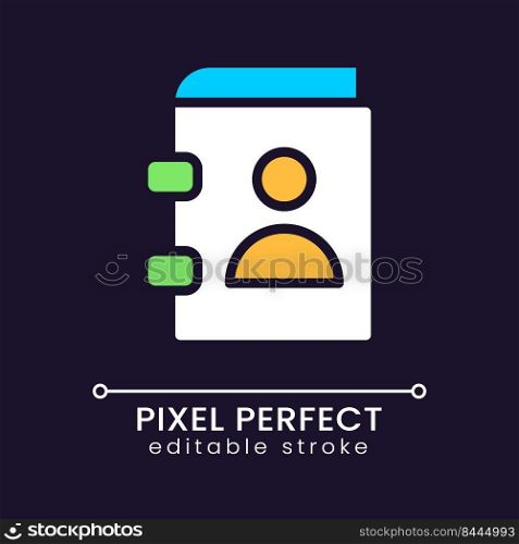 Contact book pixel perfect RGB color icon for dark theme. Phone numbers and address directory. Simple filled line drawing on night mode background. Editable stroke. Poppins font used. Contact book pixel perfect RGB color icon for dark theme