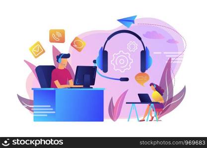 Contact center agents with headsets working at computers. Contact center, customer service point, customer relationship management concept. Bright vibrant violet vector isolated illustration. Contact center concept vector illustration.