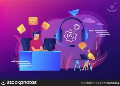 Contact center agents with headsets working at computers. Contact center, customer service point, customer relationship management concept. Bright vibrant violet vector isolated illustration. Contact center concept vector illustration.