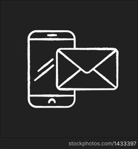 Contact chalk white icon on black background. Receive message on phone. Send email from smartphone. Inbox with mail. Online communication. Cellphone messenger. Isolated vector chalkboard illustration. Contact chalk white icon on black background
