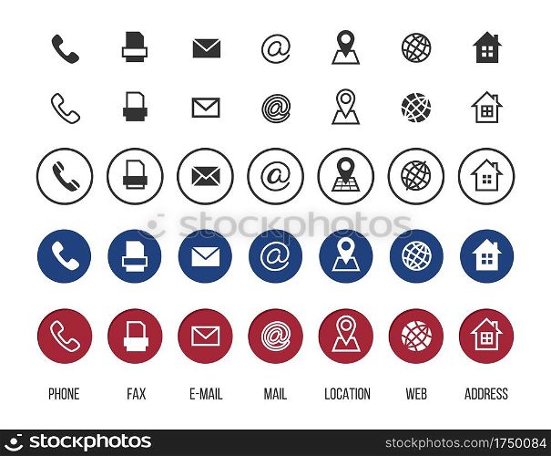 Contact icons. Business card vector symbols collection. Information icons, location, address, mail, fax, web set. Icons email and address, phone and message, communication information illustration. Contact icons. Business card vector symbols collection. Information icons, location, address, mail, fax, web set