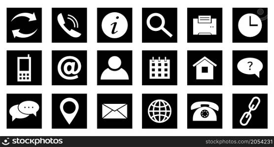 Contact icons. Communication symbols. Information concept. White signs on black squares. Vector illustration. Stock image. EPS 10.. Contact icons. Communication symbols. Information concept. White signs on black squares. Vector illustration. Stock image.
