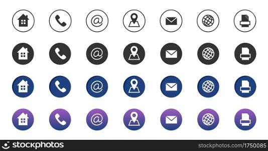Contact icons. Information business communication symbols collection. Call internet location, address, mail and fax icons. Phone icons, internet address, email contact illustration. Contact icons. Information business communication symbols collection. Call internet location, address, mail and fax icons