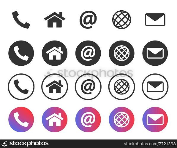 Contact icons, information symbols set. Call, home, address, mail and communication icons. Vector illustration EPS10. Contact icons, information symbols set. Call, home, address, mail and communication icons. Vector illustration