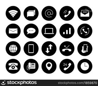 Contact icons. Phone communication pictograms. Email and text message symbols. Mail and call black graphic silhouette signs set. Vector internet or network connection interface isolated round elements. Contact icons. Phone communication pictograms. Email and text message symbols. Mail and call black silhouette signs set. Vector internet or network connection interface round elements