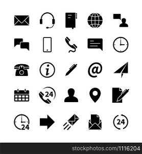 Contact information icons. Modern simple symbols of email, phone and address location, support communication web mobile vector black pointer and sign set. Contact information icons. Modern simple symbols of email, phone and address location, support communication web mobile vector set
