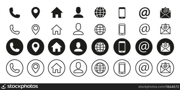 Contact information icons set. Communication vector icon symbol, sign. Modern flat button with black contact information icons for web page design.. Contact information icons set. Communication vector icon symbol, sign. Modern