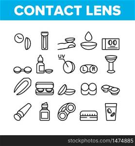 Contact Lens Accessory For Vision Icons Set Vector. Contact Lens Package And In Glass With Liquid, Bottle With Dropper And Medicine Concept Linear Pictograms. Monochrome Contour Illustrations. Contact Lens Accessory For Vision Icons Set Vector