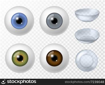 Contact lens and human eye. Realistic human eyeball different color iris texture front view, ophthalmology contact lens vector set on transparent background. Contact lens and human eye. Realistic human eyeball different color iris texture front view, ophthalmology contact lens vector set