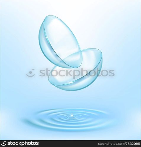 Contact lenses for eyes and 3d water drops, optical medical solution, vector. Eyes contacts or contact lens, ophthalmology and optic eyewear hygiene product package ad, blue background. Contact lenses for eyes in 3d water drops, optical
