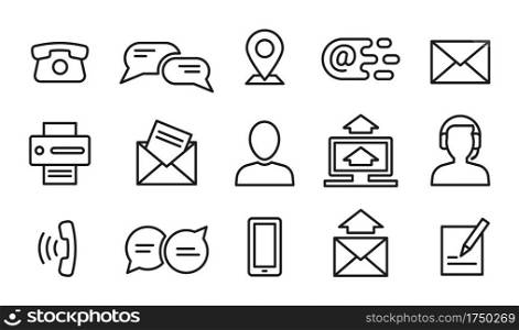 Contact line icons. Minimal business, internet and location outline symbols. Website or chat mobile interface information vector elements. Contact social information, user outline icon illustration. Contact line icons. Minimal business, internet and location outline symbols. Website or chat mobile interface information vector elements