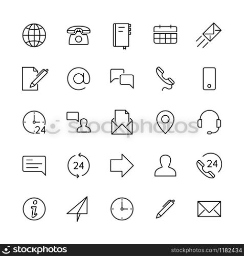 Contact line icons. Support service, mobile phone, email and website, location address. Computer user different web vector symbols of mail and communication. Contact line icons. Support service, mobile phone, email and website, location address. Computer user different web vector symbols