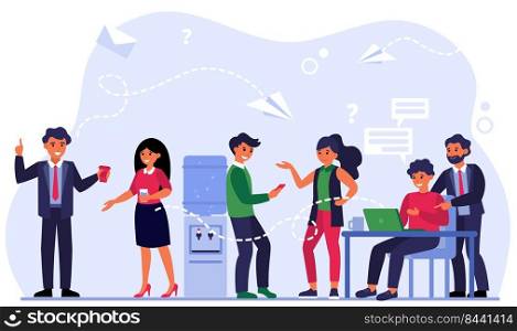 Contact methods between colleagues. Business people talking, chatting and sending email in office flat vector illustration. Business communication concept for banner, website design or landing webpage