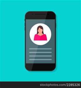 Contact profile in mobile phone. Account with avtar on smartphone screen. Id profile with details in mobile phone. My account in cellphone. Icon of digital hotline and consultant. Vector.