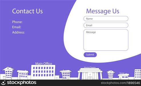 Contact screen concept for website with cartoon city silhouette. Form of sending messages. Vector blue templates for website design. UI, UX, GUI. EPS 10.