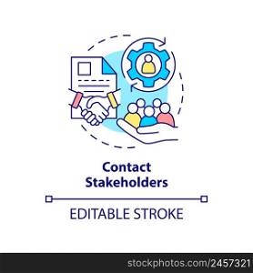 Contact stakeholders concept icon. Partnership. Step of stakeholder relations abstract idea thin line illustration. Isolated outline drawing. Editable stroke. Arial, Myriad Pro-Bold fonts used. Contact stakeholders concept icon