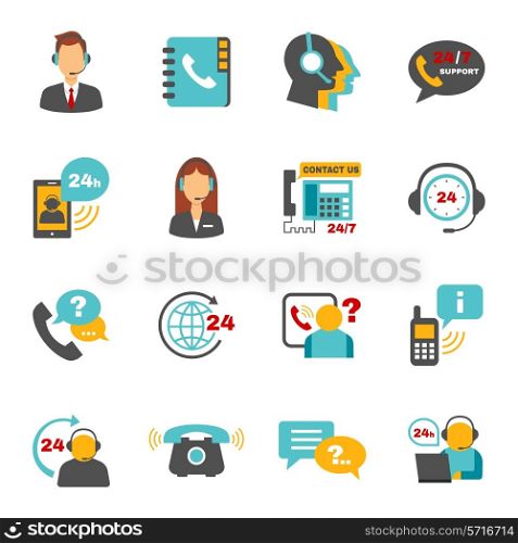Contact us 24h support call center service flat icons set with operator headphone abstract vector isolated illustration