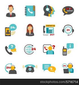Contact us 24h support call center service flat icons set with operator headphone abstract vector isolated illustration