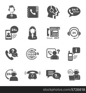 Contact us 24h support global worldwide information service black icons set with helpdesk operator vector isolated illustration