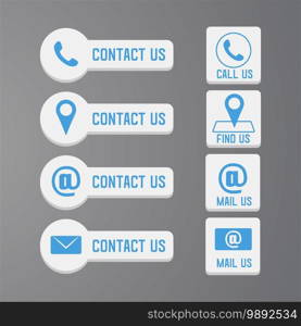 Contact us button set in flat design icon symbol.  Mail, phone, support business button. Contact office icon vector illustration sign