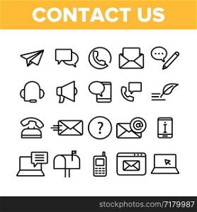 Contact Us, Call Center Vector Linear Icons Set. Customer Support Service, Contact Us Outline Cliparts. Helpline, Phone Tech Desk Pictograms Collection. Mailing And Chatting Thin Line Illustration. Contact Us, Call Center Vector Linear Icons Set