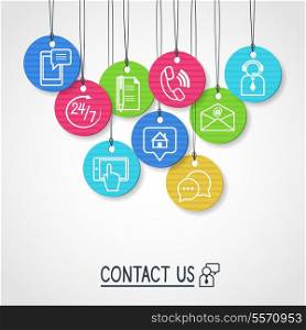 Contact us cardboard labels and tags set of email phone communication and representative person vector illustration
