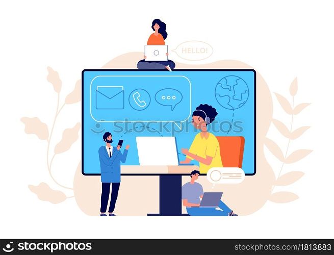 Contact us concept. Business website, call center or help line community. Creative people work modern support service vector illustration. Business customer call assistance, support website. Contact us concept. Business website, call center or help line community. Creative people work modern support service vector illustration