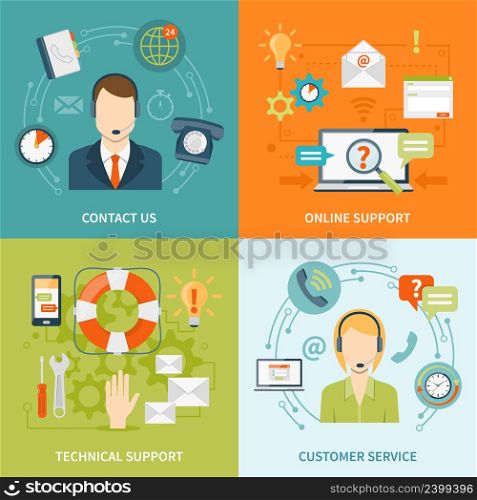 Contact us customer 2x2 flat icons set of online and offline support services isolated vector illustration. Contact Us Customer Support 2x2 Flat Icons Set
