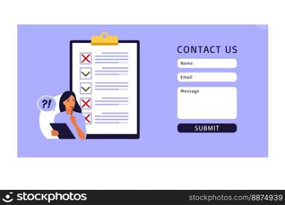 Contact us form. Survey of customer satisfaction. Piece of paper with ticks and crosses. Vector illustration. Flat style. Contact us form. Survey of customer satisfaction. Piece of paper with ticks and crosses. Vector illustration. Flat.