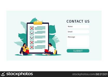 Contact us form template for web. Checklist, to-do list. List or notepad concept. Business idea, planning or coffee break. Vector illustration. Flat style.