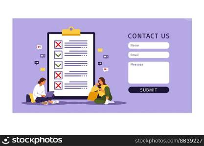 Contact us form template for web. Checklist, to-do list vector illustration. List or notepad concept. Business idea, planning or coffee break. Vector illustration. Flat style.