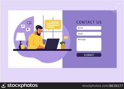 Contact us form template for web. male customer service agent with headset talking with client. landing page. online customer support . Illustration. Vector.