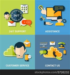 Contact us global concept flat icons of support assistance 24h customer service composition abstract isolated vector illustration