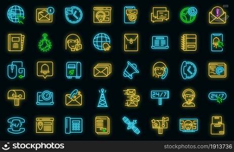 Contact us icons set. Outline set of contact us vector icons neon color on black. Contact us icons set vector neon