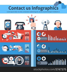 Contact us infographics set with phone customer service user support elements and charts vector illustration