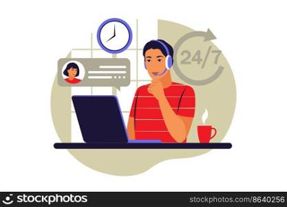 Contact us. Man with headphones and microphone with computer. Concept support, assistance, call center. Vector illustration. Flat style.