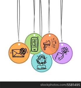 Contact us phone customer service user support hang tags sketch set vector illustration