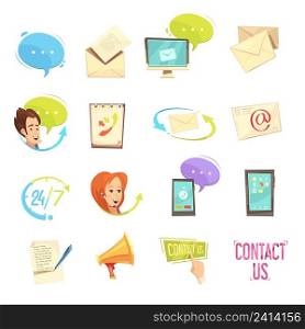 Contact us retro cartoon icons set with call center email feedback computer mobile devices isolated vector illustration. Contact Us Retro Cartoon Icons Set
