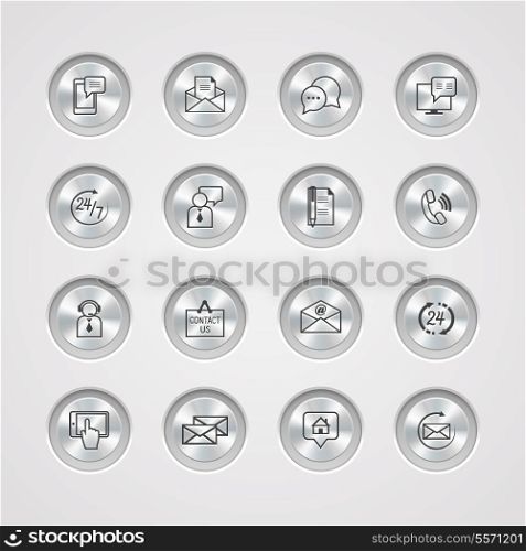 Contact us service icons set on control metal buttons of email phone communication and representative person vector illustration