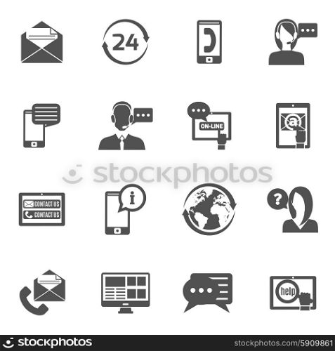 Contact us service line black icons set isolated vector illustration. Contact Us Icons Set