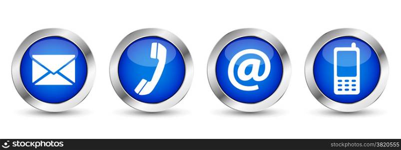 Contact us web buttons set with email, at, telephone and mobile icons on blue silver badge vector EPS 10 illustration isolated on white background.