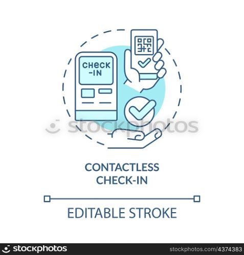 Contactless check in turquoise concept icon. Secure solution. Touchless system abstract idea thin line illustration. Isolated outline drawing. Editable stroke. Roboto-Medium, Myriad Pro-Bold font used. Contactless check in turquoise concept icon