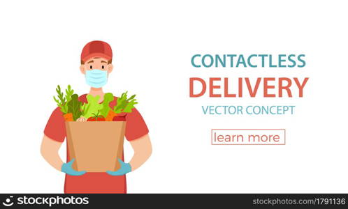 Contactless delivery during the prevention of coronavirus vector concept. Courier guy in a medical mask and gloves holding goods cartoon illustration. Covid -2019. Non-contact safe service quarantine .. Contactless delivery during the prevention of coronavirus vector concept.