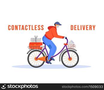 Contactless delivery flat color vector faceless character. Guy shipping goods and food. Safe shipment Deliveryman in mask on bike isolated cartoon illustration for web graphic design and animation