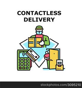 Contactless Delivery Vector Icon Concept. Contactless Delivery And Payment Goods And Product, Courier Delivering Cardboard Box At Customer Home Door. Shipment Service Color Illustration. Contactless Delivery Vector Concept Illustration