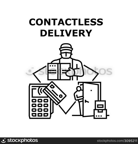 Contactless Delivery Vector Icon Concept. Contactless Delivery And Payment Goods And Product, Courier Delivering Cardboard Box At Customer Home Door. Shipment Service Black Illustration. Contactless Delivery Vector Concept Illustration