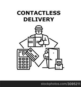 Contactless Delivery Vector Icon Concept. Contactless Delivery And Payment Goods And Product, Courier Delivering Cardboard Box At Customer Home Door. Shipment Service Black Illustration. Contactless Delivery Vector Concept Illustration