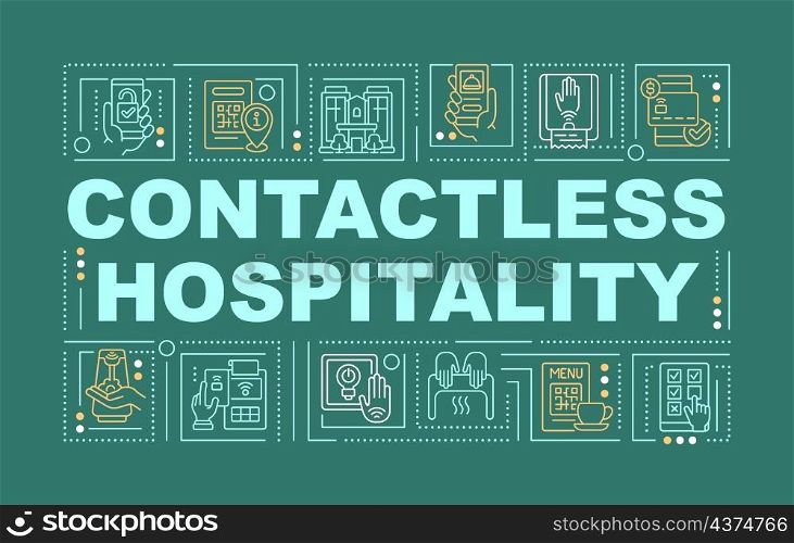 Contactless hospitality word concepts green banner. Infographics with linear icons on background. Isolated typography. Vector outline color illustration with text. Arial-Black font used. Contactless hospitality word concepts green banner